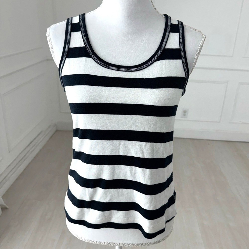 Three Dots Striped Tank Top Womens Small Black White Cotton Ribbed Scoop Neck